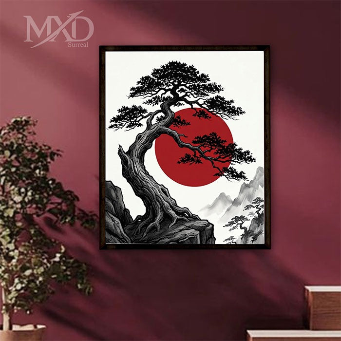 Bonsai Red Sun Framed Art