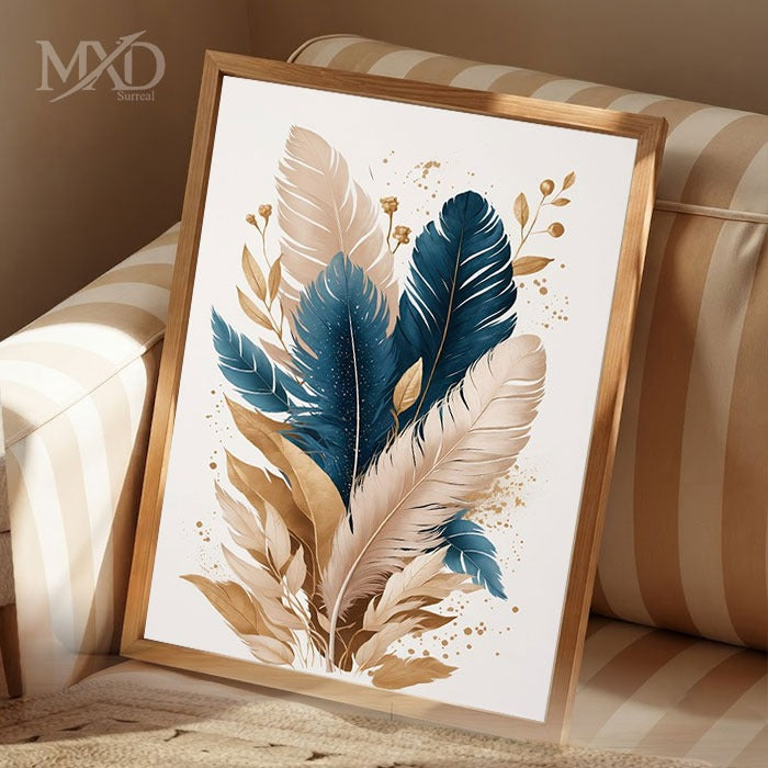 Gold and Navy Feathers Framed Art