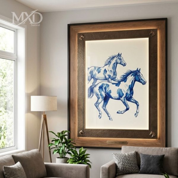 Pair of Horses Blue Painting with Frame
