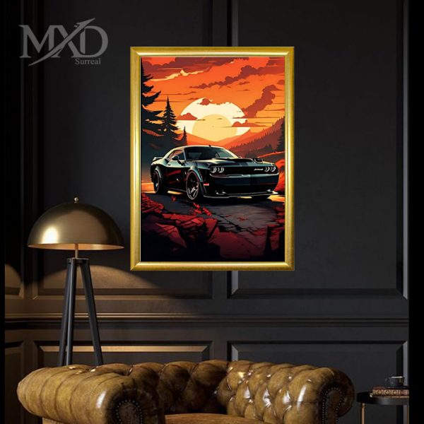 Car Scenery Digital Painting with Golden Frame